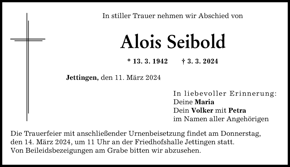 Traueranzeige von Alois Seibold von Günzburger Zeitung