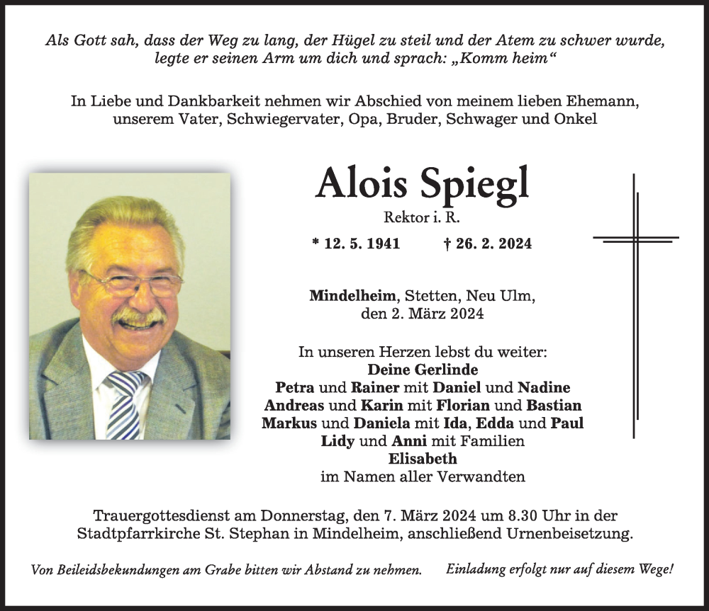 Traueranzeige von Alois Spiegl von Mindelheimer Zeitung