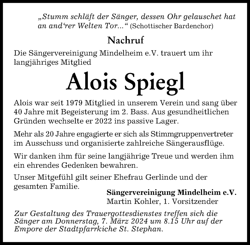  Traueranzeige für Alois Spiegl vom 02.03.2024 aus Mindelheimer Zeitung