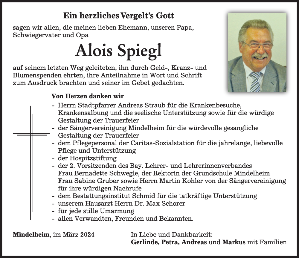 Traueranzeige von Alois Spiegl von Mindelheimer Zeitung