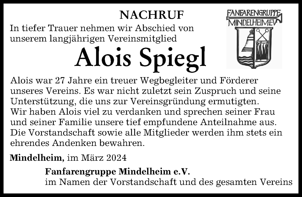  Traueranzeige für Alois Spiegl vom 02.03.2024 aus Mindelheimer Zeitung