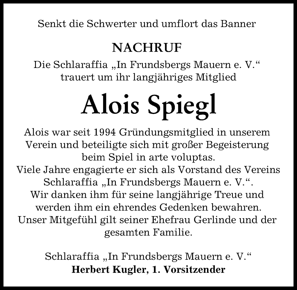 Traueranzeige von Alois Spiegl von Mindelheimer Zeitung