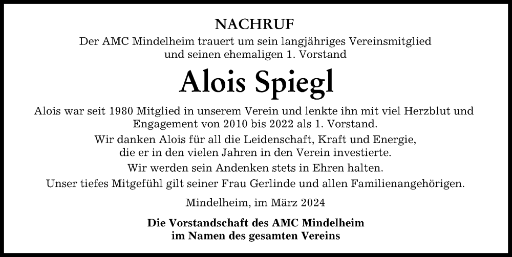 Traueranzeige von Alois Spiegl von Mindelheimer Zeitung