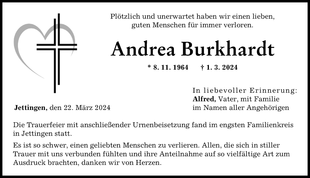  Traueranzeige für Andrea Burkhardt vom 22.03.2024 aus Günzburger Zeitung