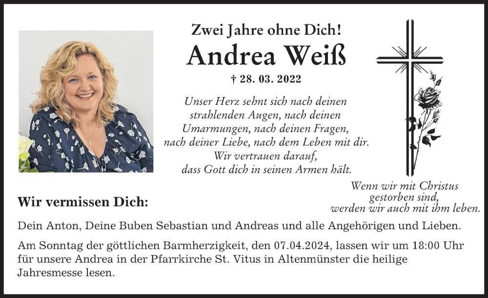 Traueranzeige von Andrea Weiß von Wertinger Zeitung, Augsburger Allgemeine, Günzburger Zeitung