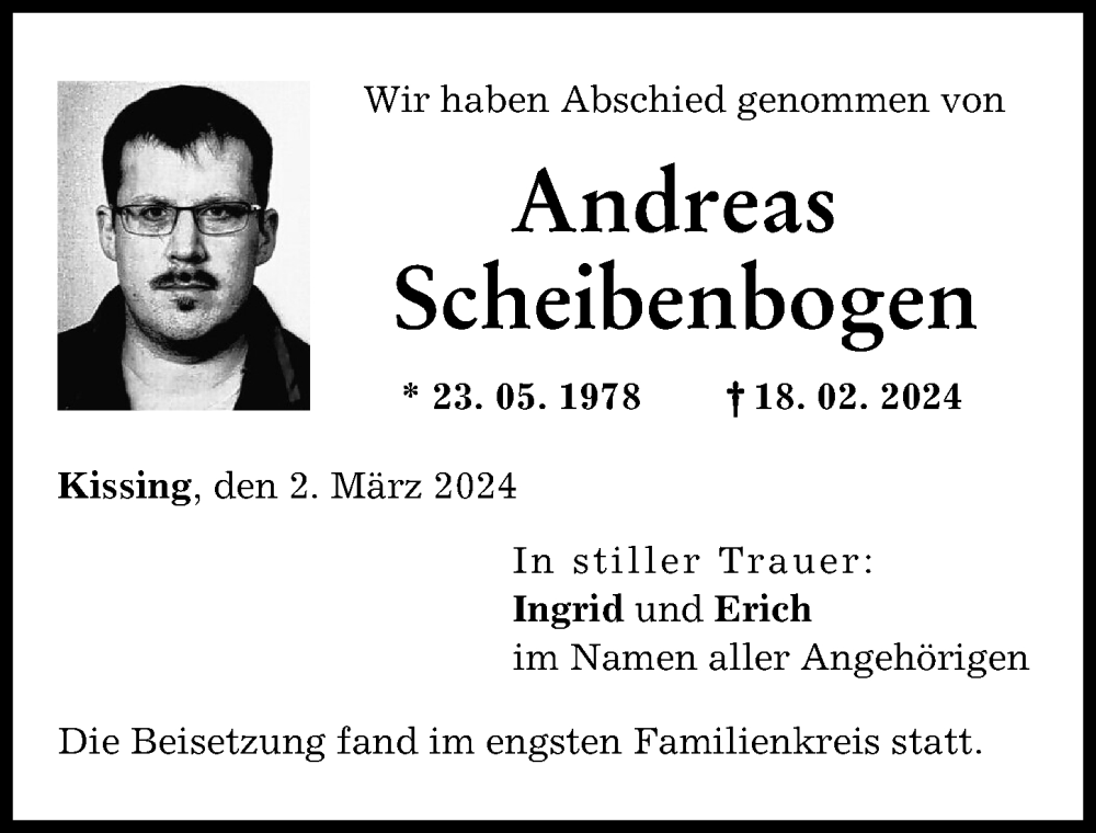 Traueranzeige von Andreas Scheibenbogen von Friedberger Allgemeine