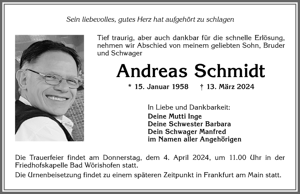 Traueranzeige von Andreas Schmidt von Mindelheimer Zeitung