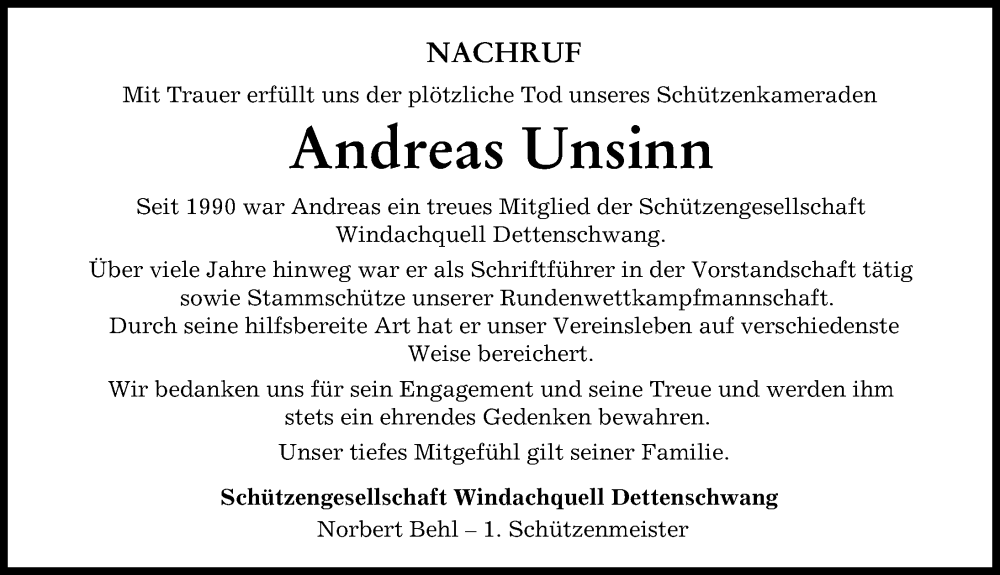  Traueranzeige für Andreas Unsinn vom 07.03.2024 aus Landsberger Tagblatt