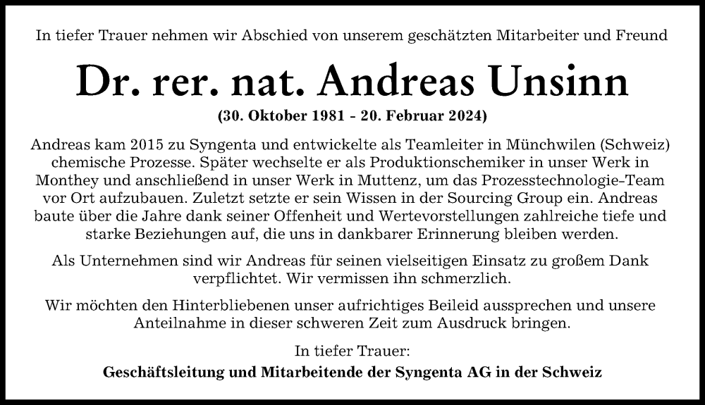  Traueranzeige für Andreas Unsinn vom 05.03.2024 aus Landsberger Tagblatt