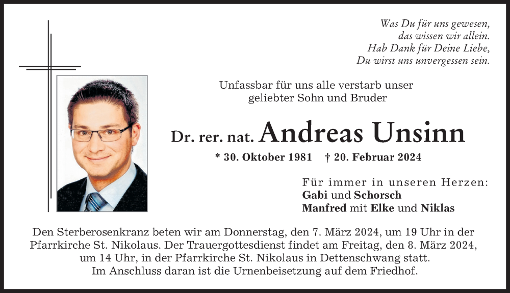  Traueranzeige für Andreas Unsinn vom 02.03.2024 aus Landsberger Tagblatt