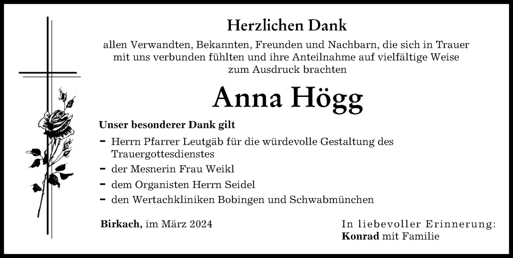Traueranzeige von Anna Högg von Schwabmünchner Allgemeine
