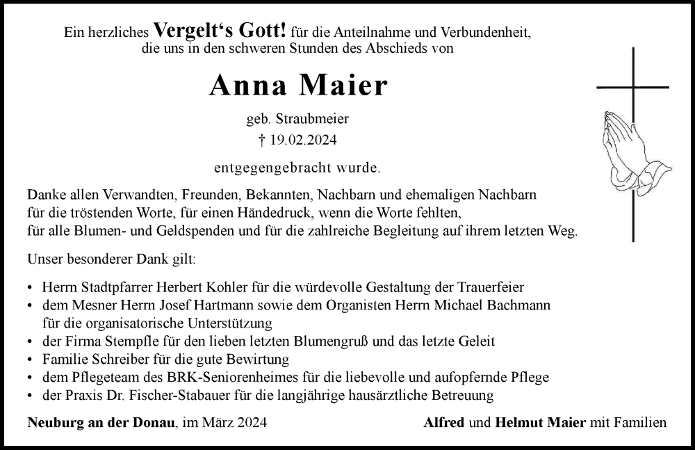 Traueranzeige von Anna Maier von Neuburger Rundschau