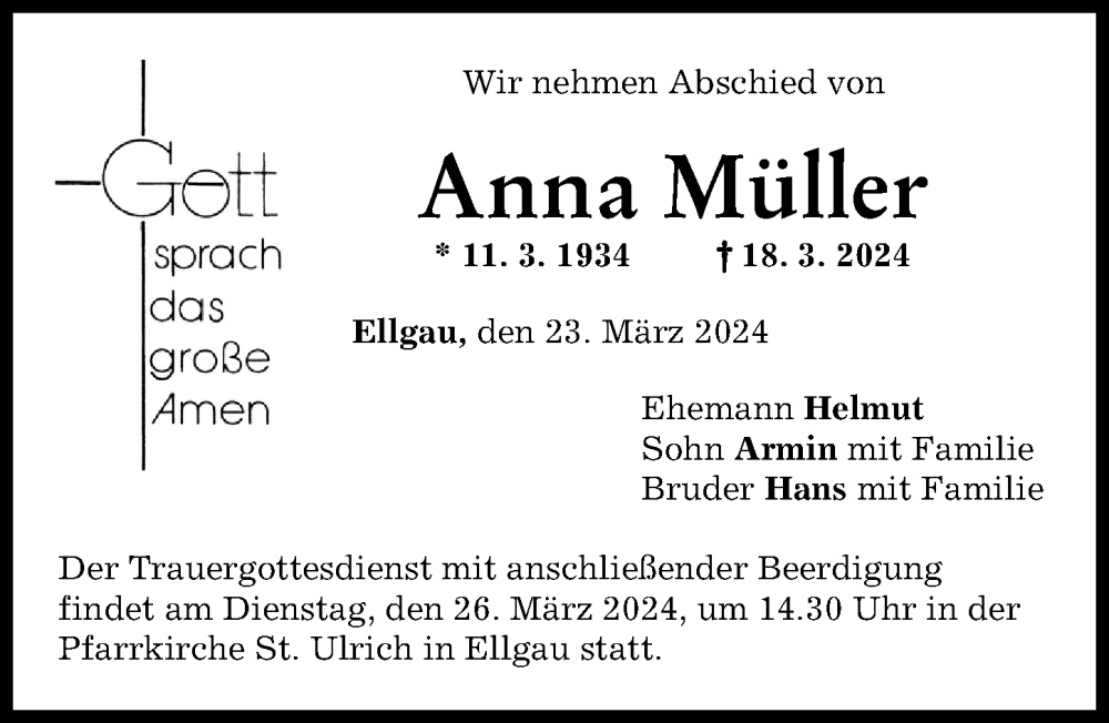 Traueranzeige von Anna Müller von Augsburg-Land