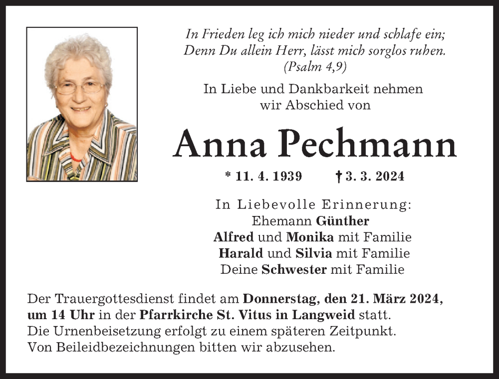 Traueranzeige von Anna Pechmann von Augsburg-Land