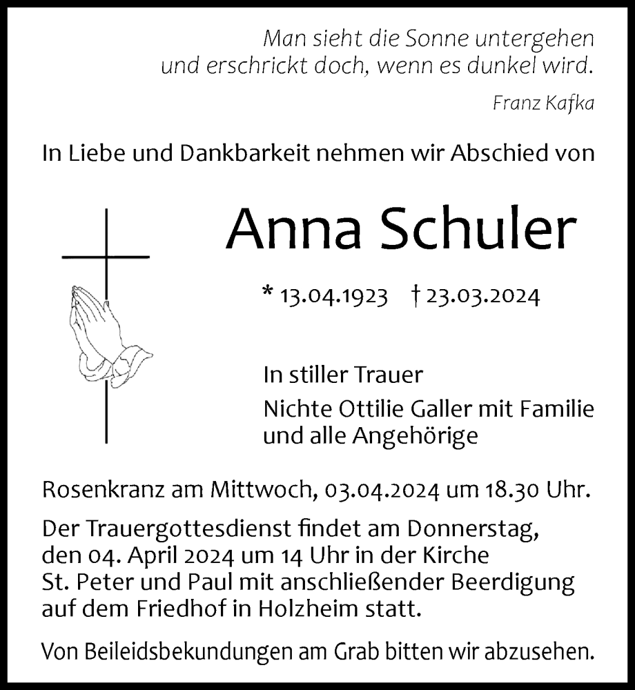 Traueranzeige von Anna Schuler von Neu-Ulmer Zeitung