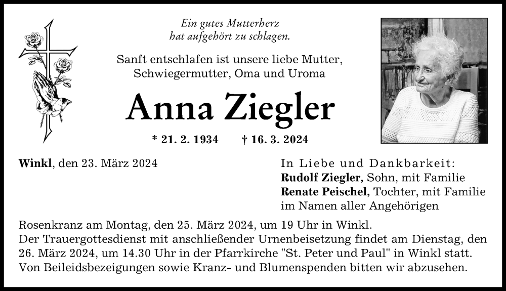 Traueranzeige von Anna Ziegler von Landsberger Tagblatt