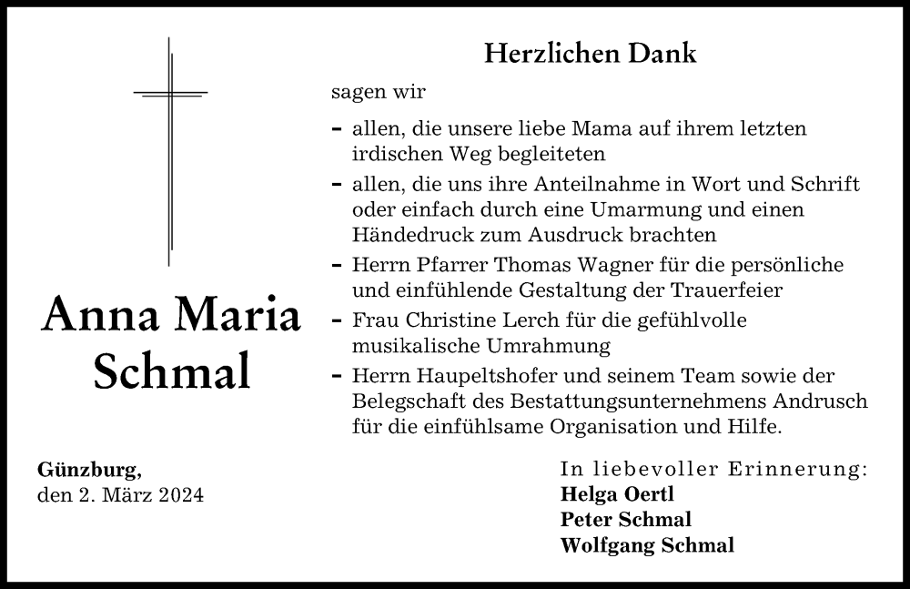 Traueranzeige von Anna Maria Schmal von Günzburger Zeitung