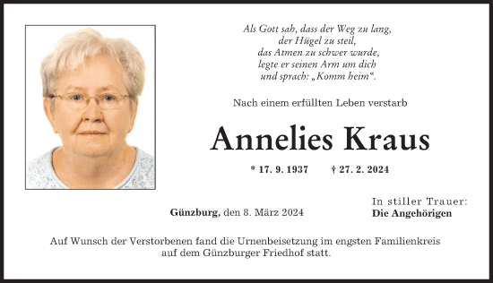 Traueranzeige von Annelies Kraus von Günzburger Zeitung