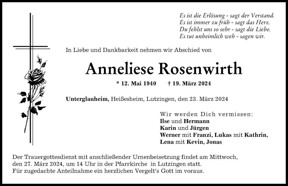 Traueranzeige von Anneliese Rosenwirth von Donau Zeitung