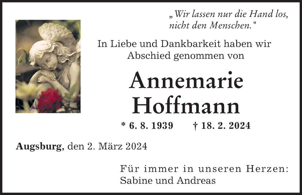 Traueranzeige von Annemarie Hoffmann von Augsburger Allgemeine