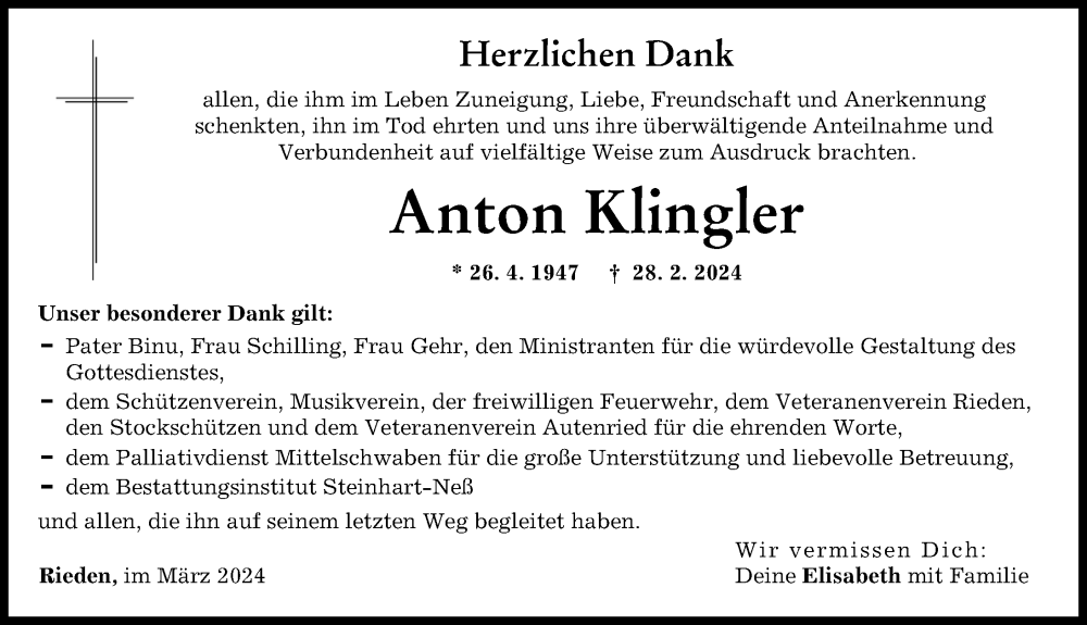 Traueranzeige von Anton Klingler von Günzburger Zeitung