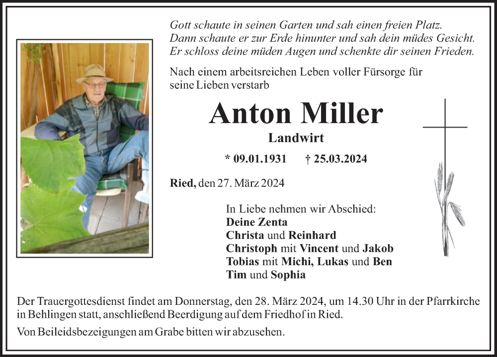 Traueranzeige von Anton Miller von Mittelschwäbische Nachrichten, Günzburger Zeitung