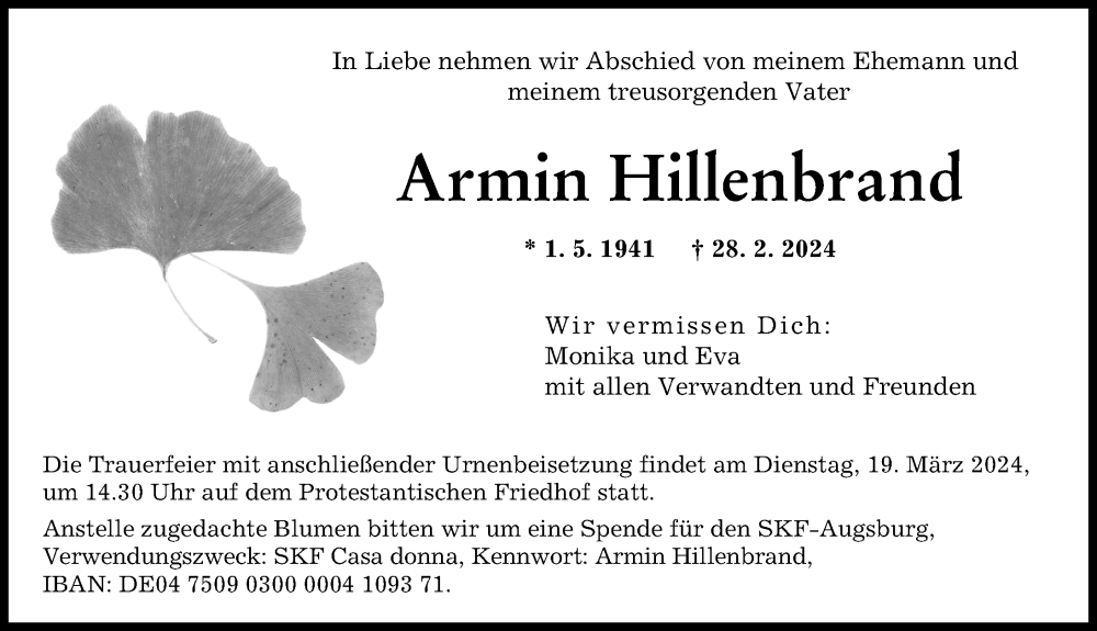  Traueranzeige für Armin Hillenbrand vom 15.03.2024 aus Augsburger Allgemeine