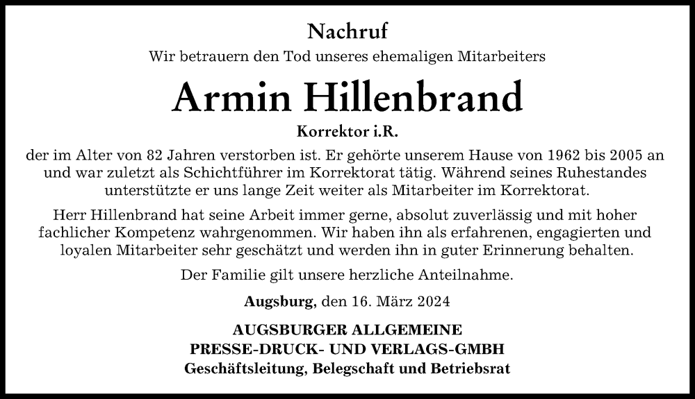  Traueranzeige für Armin Hillenbrand vom 16.03.2024 aus Augsburger Allgemeine