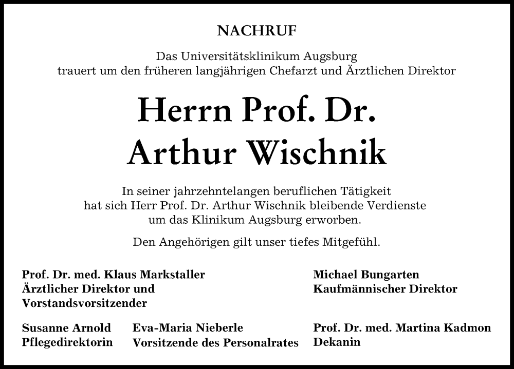 Traueranzeige von Arthur Wischnik von Augsburger Allgemeine