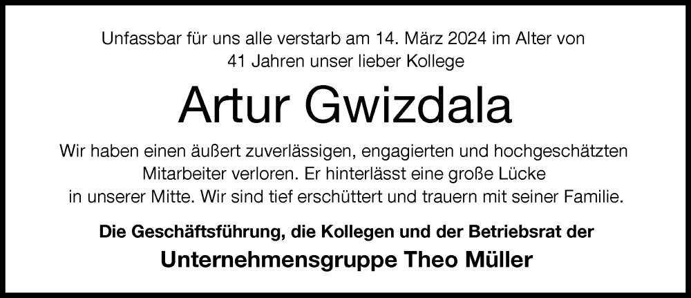 Traueranzeige von Artur Gwizdala von Augsburg-Land
