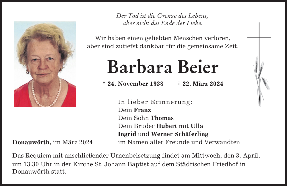 Traueranzeige von Barbara Beier von Donauwörther Zeitung