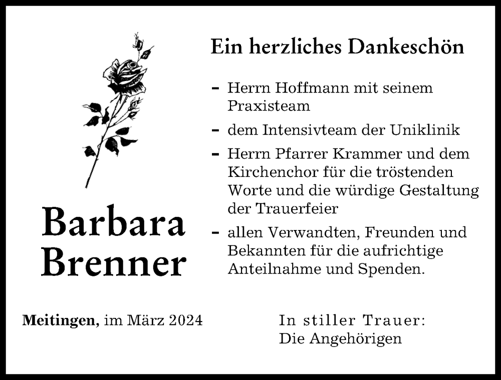 Traueranzeige von Barbara Brenner von Augsburg-Land