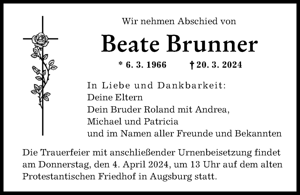  Traueranzeige für Beate Brunner vom 30.03.2024 aus Augsburger Allgemeine