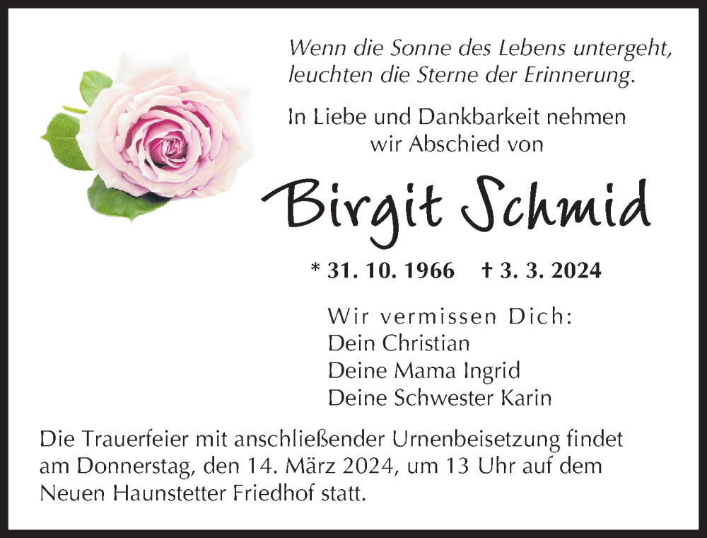  Traueranzeige für Birgit Schmid vom 09.03.2024 aus Augsburger Allgemeine