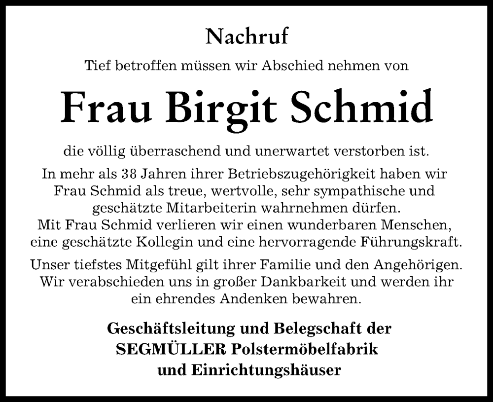 Traueranzeige von Birgit Schmid von Augsburger Allgemeine
