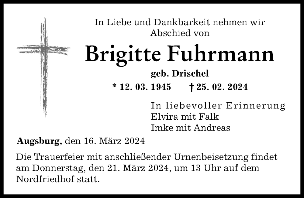 Traueranzeige von Brigitte Fuhrmann von Augsburger Allgemeine