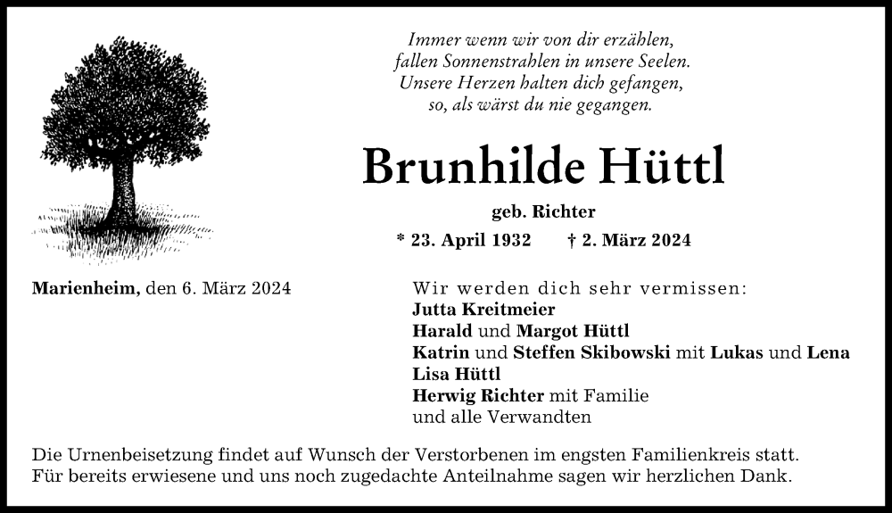 Traueranzeige von Brunhilde Hüttl von Neuburger Rundschau