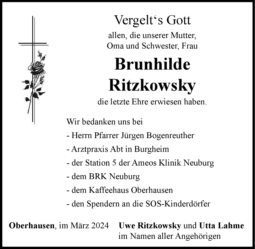 Traueranzeige von Brunhilde Ritzkowsky von Neuburger Rundschau