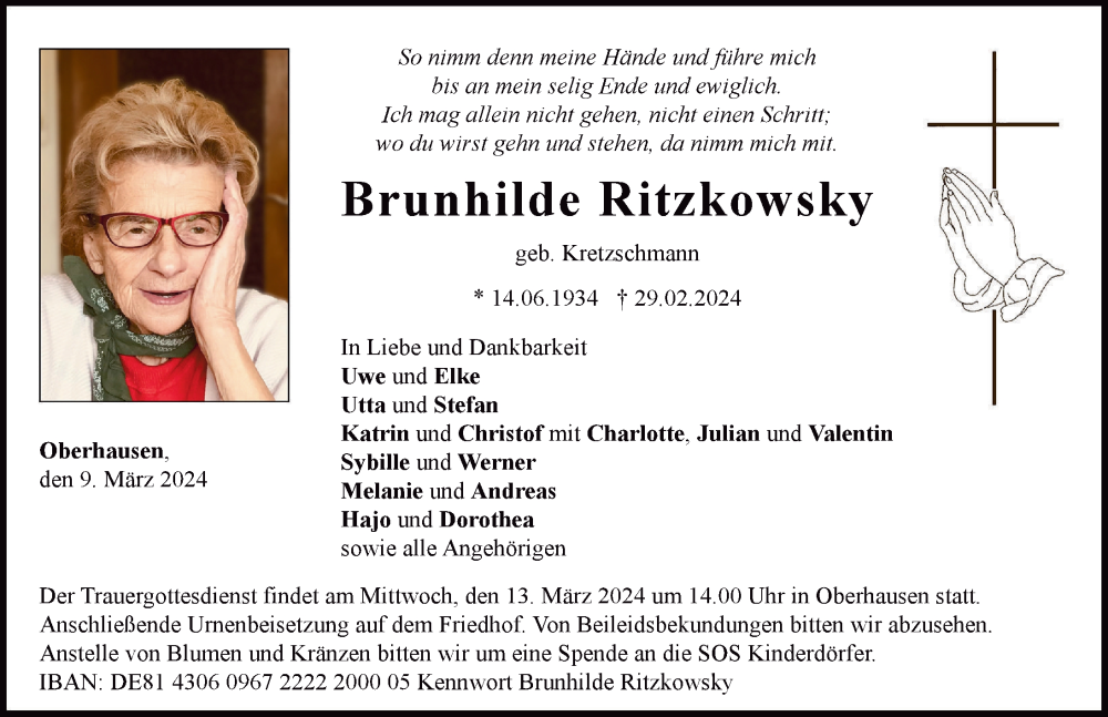 Traueranzeige von Brunhilde Ritzkowsky von Neuburger Rundschau