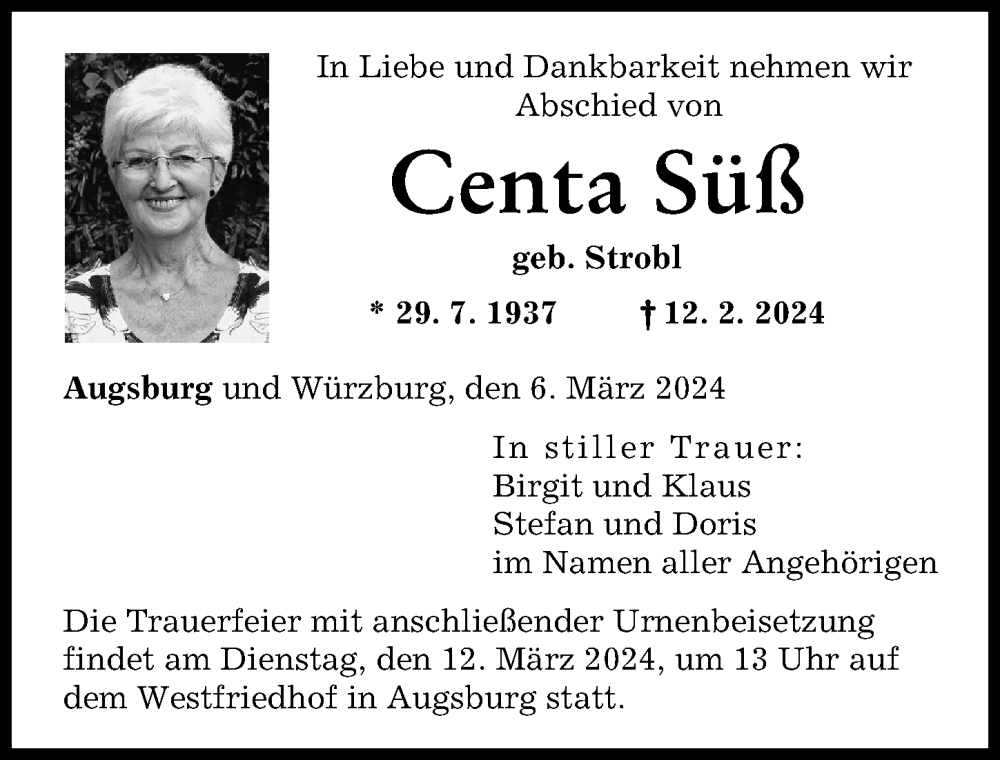 Traueranzeige von Centa Süß von Augsburger Allgemeine