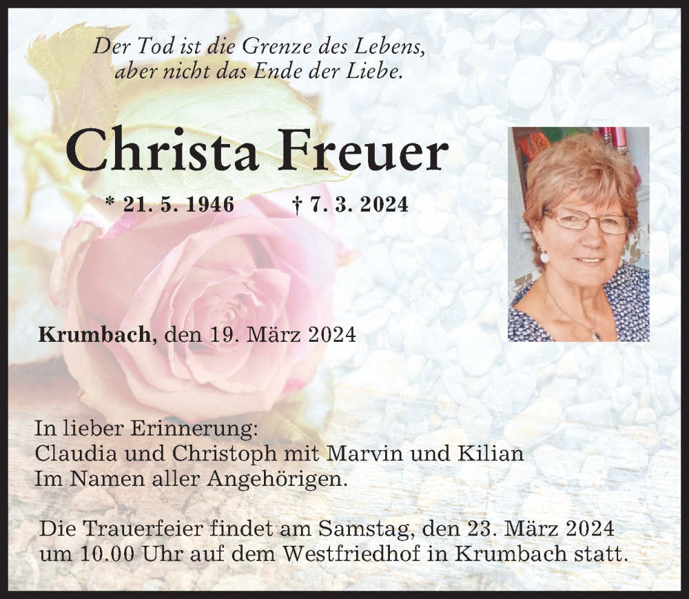 Traueranzeige von Christa Freuer von Mittelschwäbische Nachrichten