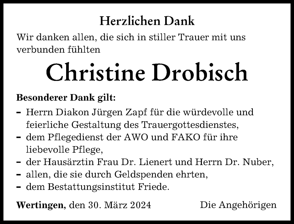 Traueranzeige von Christine Drobisch von Wertinger Zeitung