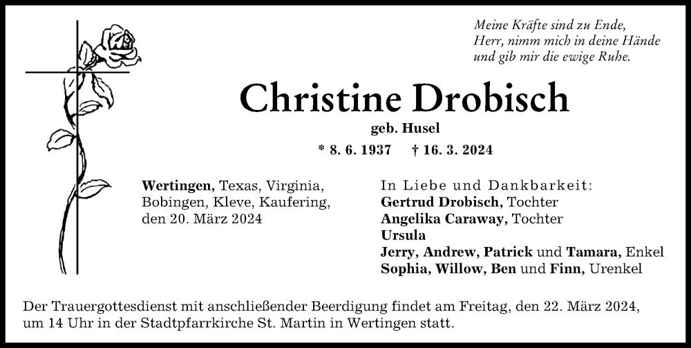 Traueranzeige von Christine Drobisch von Wertinger Zeitung