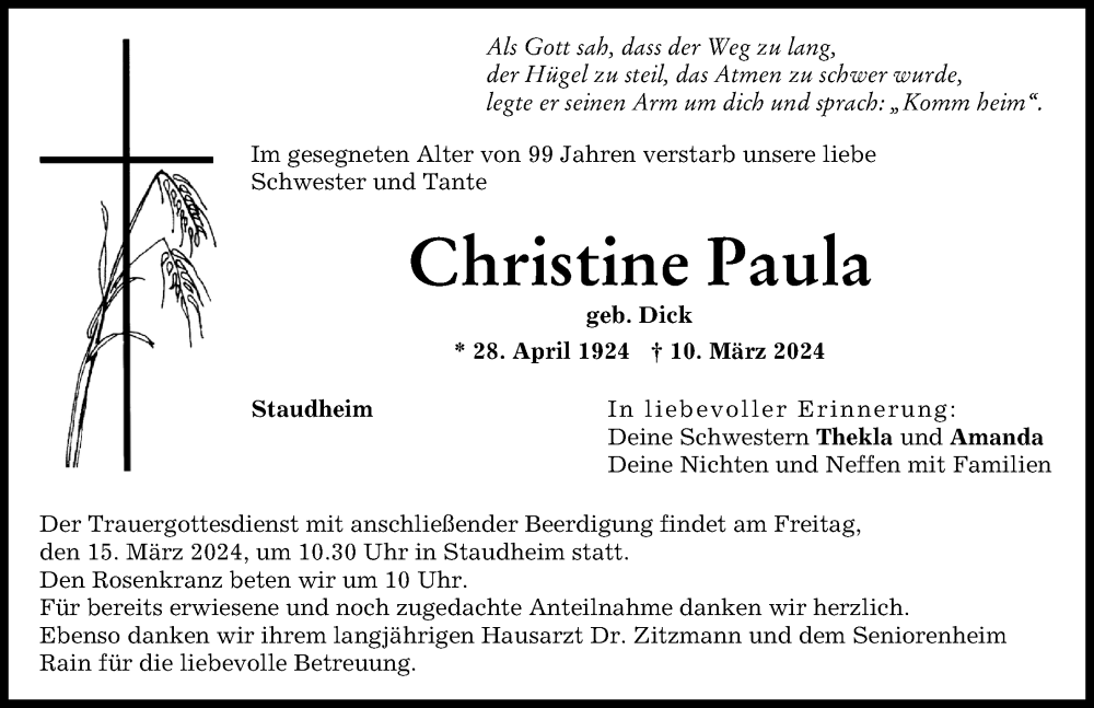 Traueranzeige von Christine Paula von Neuburger Rundschau, Donauwörther Zeitung