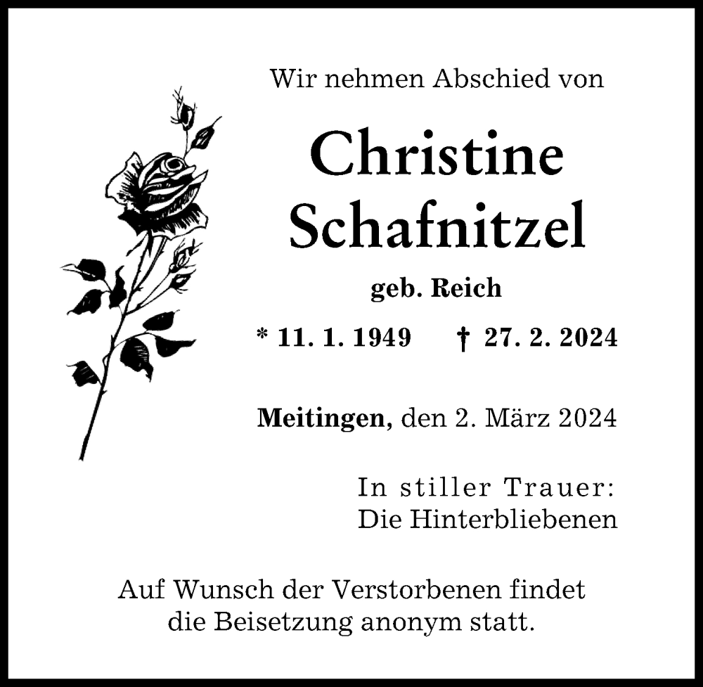 Traueranzeige von Christine Schafnitzel von Augsburg-Land