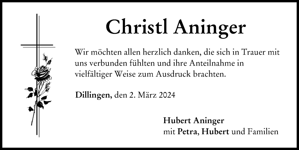 Traueranzeige von Christl Aninger von Donau Zeitung