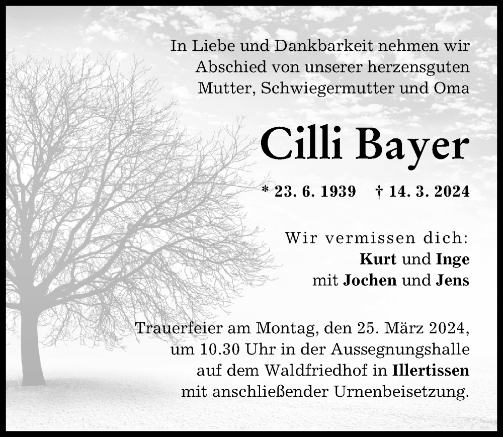 Traueranzeige von Cilli Bayer von Illertisser Zeitung