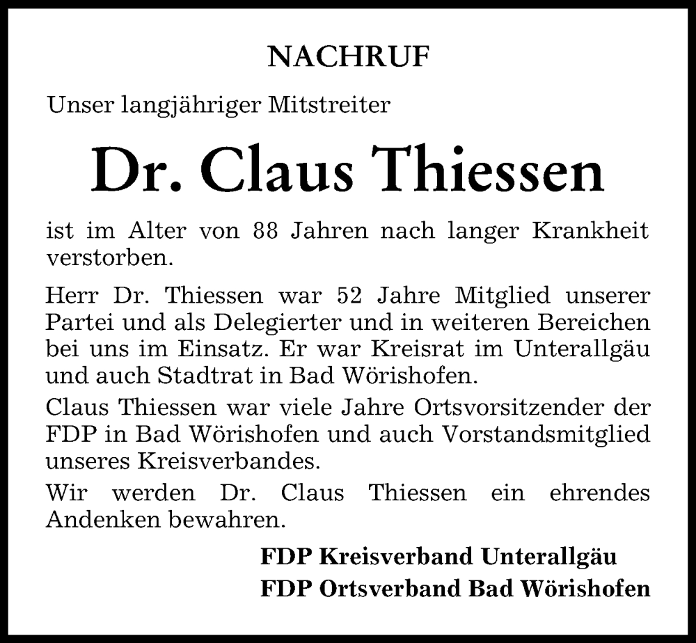 Traueranzeige von Claus Thiessen von Mindelheimer Zeitung