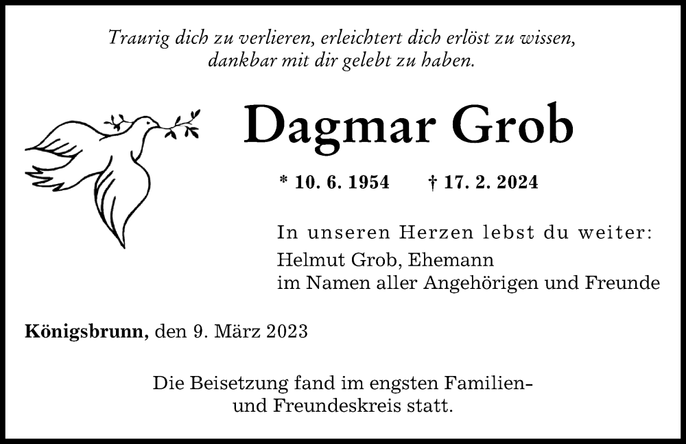 Traueranzeige von Dagmar Grob von Augsburger Allgemeine