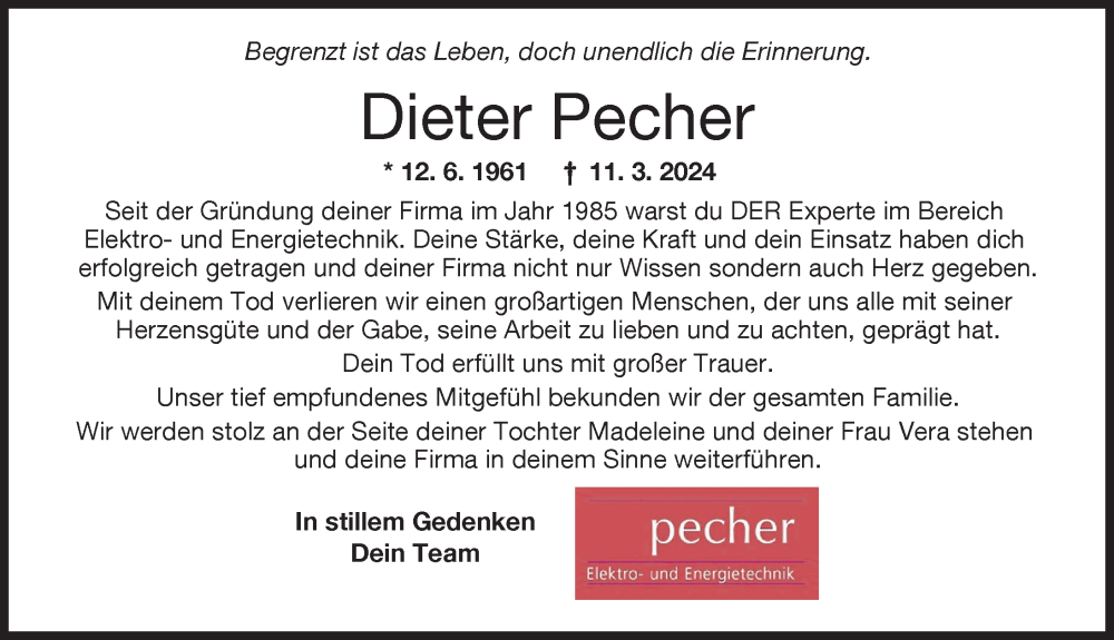 Traueranzeige von Dieter Pecher von Friedberger Allgemeine, Augsburger Allgemeine